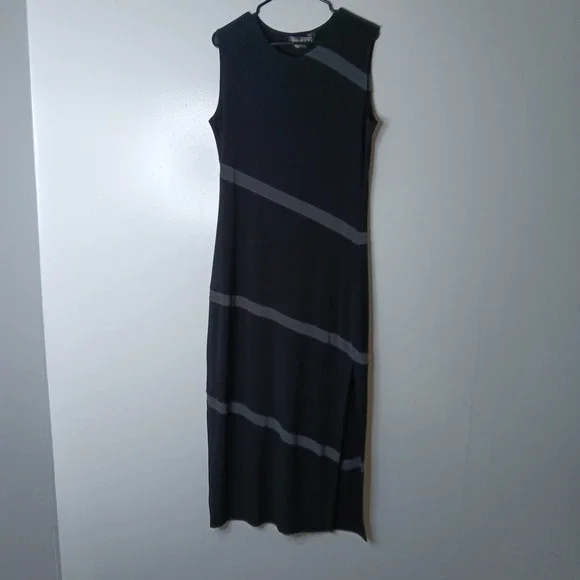 Kamali Kulture Black Gray Stripe Maxi Dress L Modern Glam Elegant Sleek Chic - Picture 2 of 8